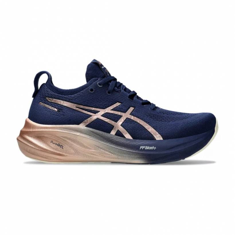 Ténis Asics Gel-Nimbus 26 Platinum Azul Dourado Mulher